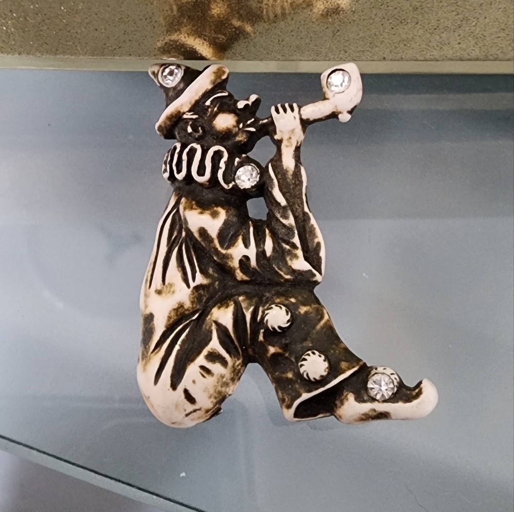 Vintage Art Deco era Clown Blowing Bubbles Celluloid Rhinestone Pin Brooch